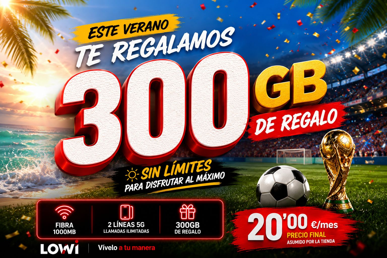 Este verano te regalamos 300 GB de regalo. Fibra 1000MB, 2 líneas 5G, 20€/mes precio final